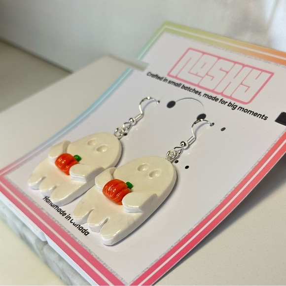 White Ghost Holding a Pumpkin - Handmade Earrings - Picture 7 of 8